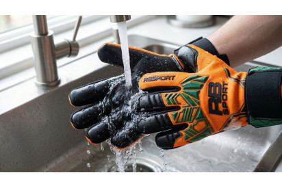 Płukanie rękawic bramkarskich pod bieżącą wodą