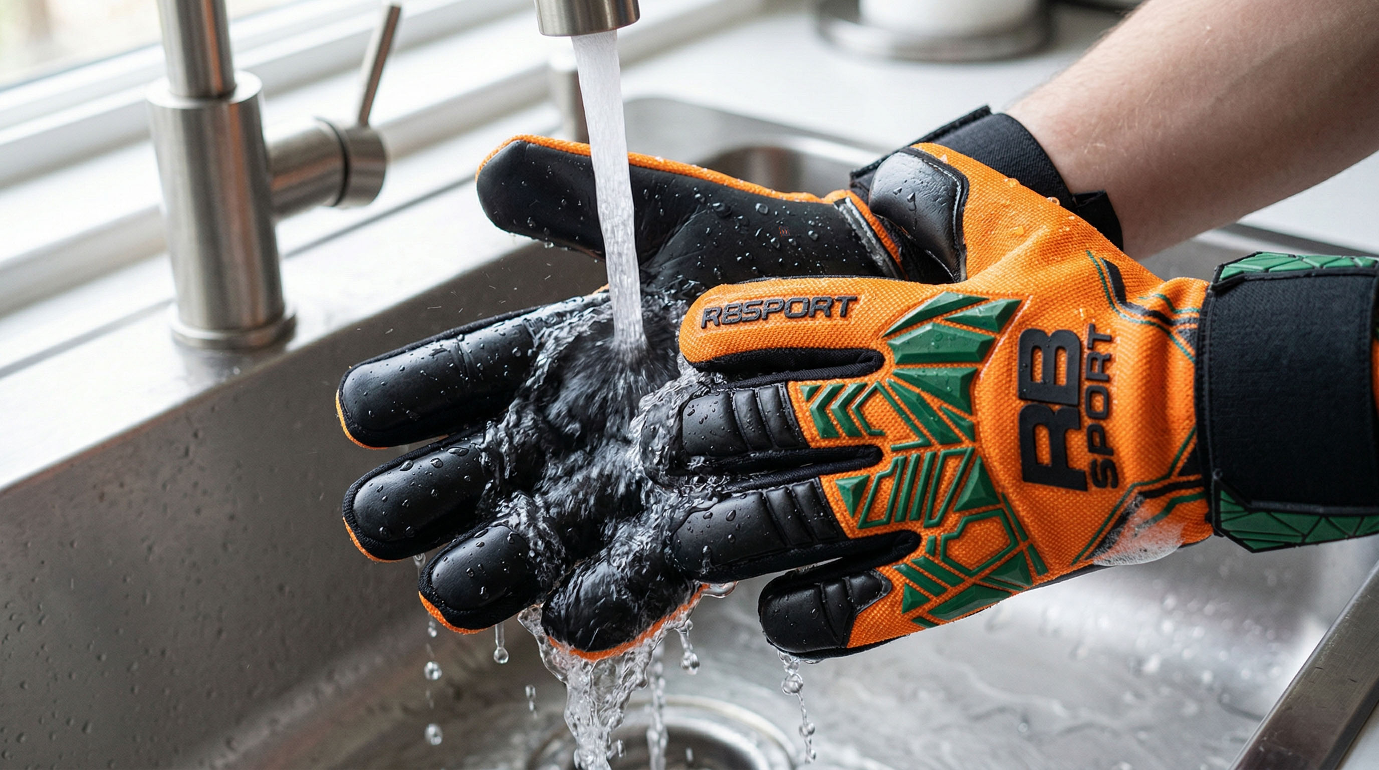 Płukanie rękawic bramkarskich pod bieżącą wodą